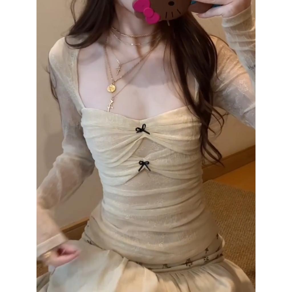 Korean Wear Pure Desire Long-sleeved T-shirt Women's Early Spring Bow Waist Atmosphere Design Bottoming Shirt Top