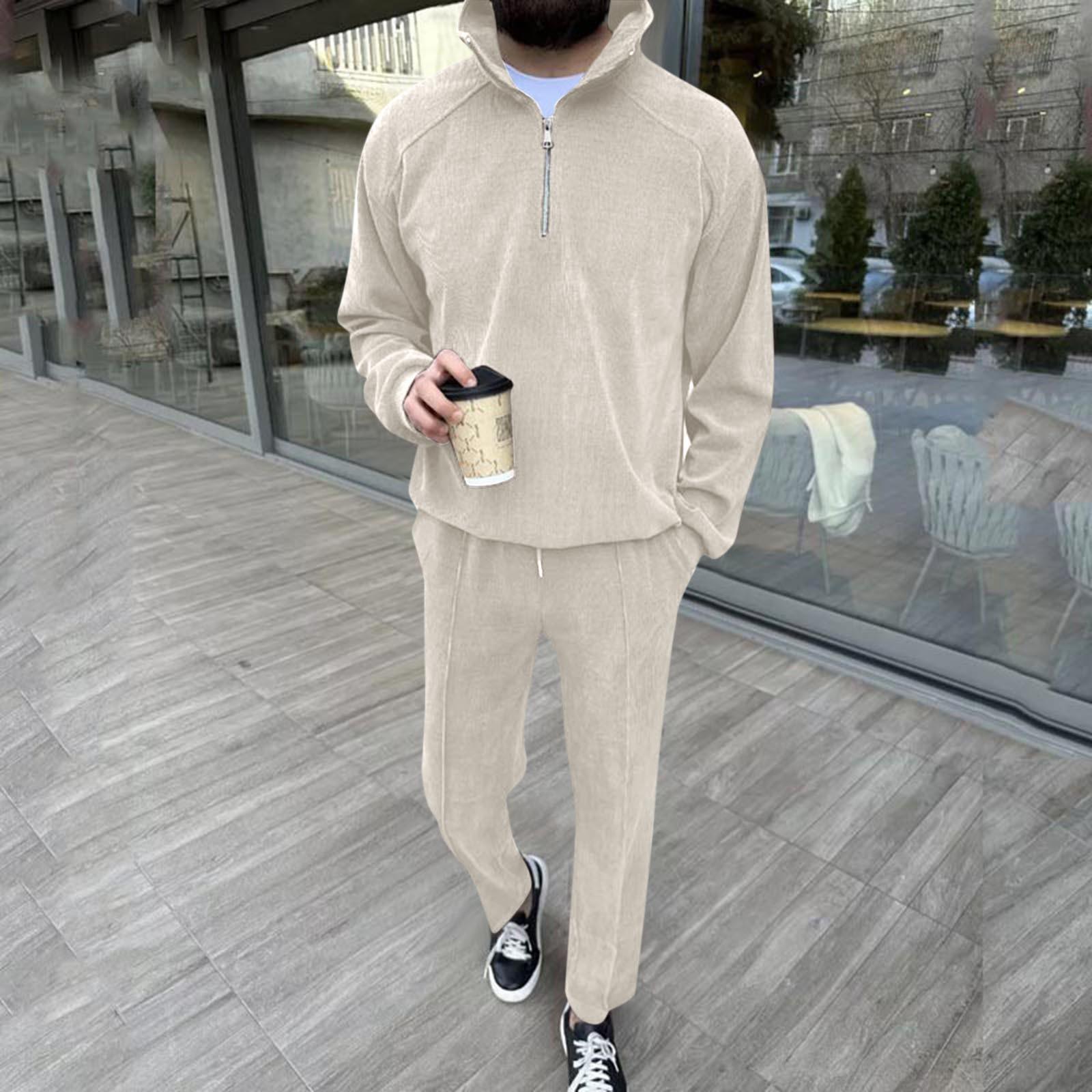 

Men s Stand-up Collar Half-zip Trendy Suit Casual Men s New Sweatshirt Suit M бежевий