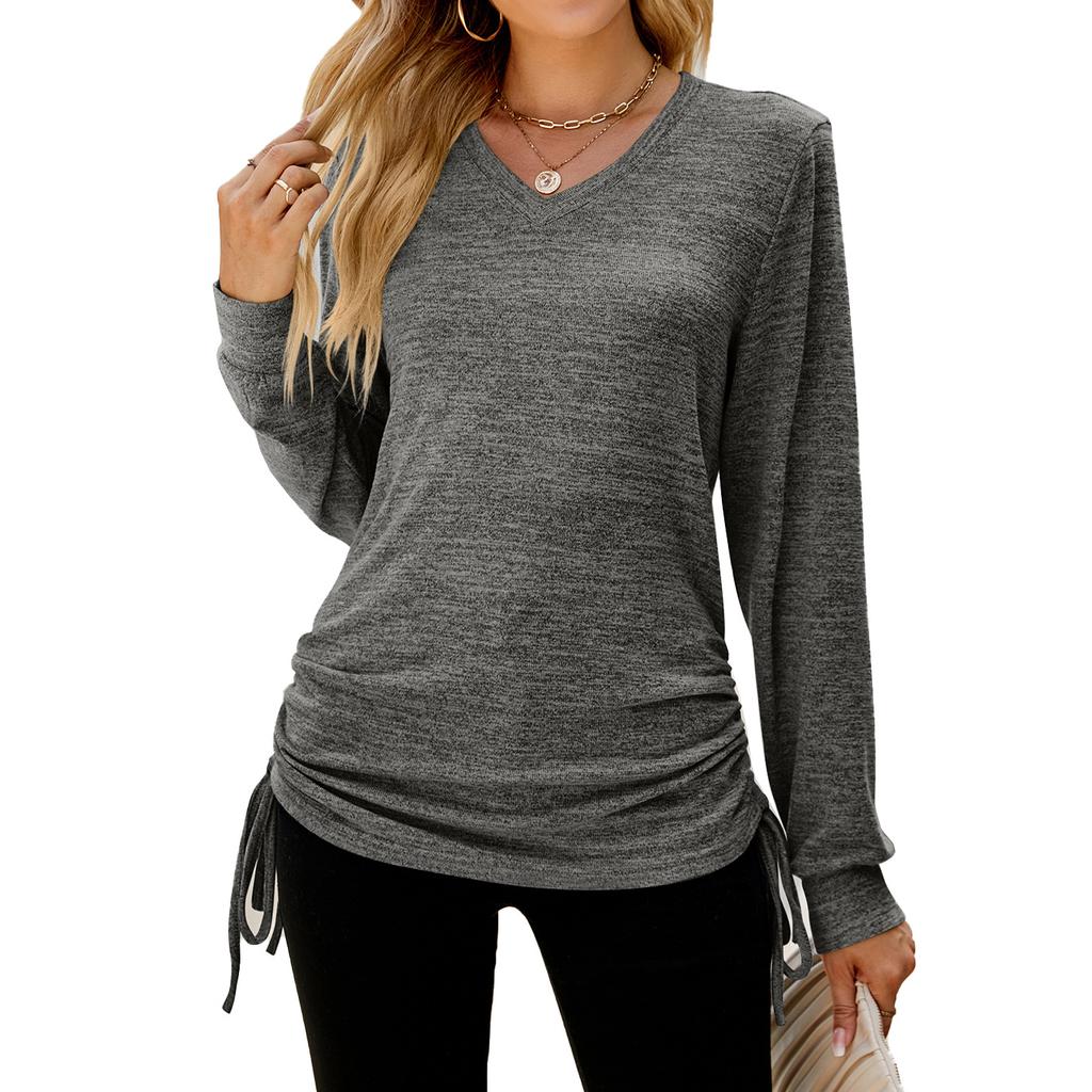 2024 European And American Autumn And Winter New Solid Color Long Sleeved V-Neck Pleated Loose T-Shirt Top For Women