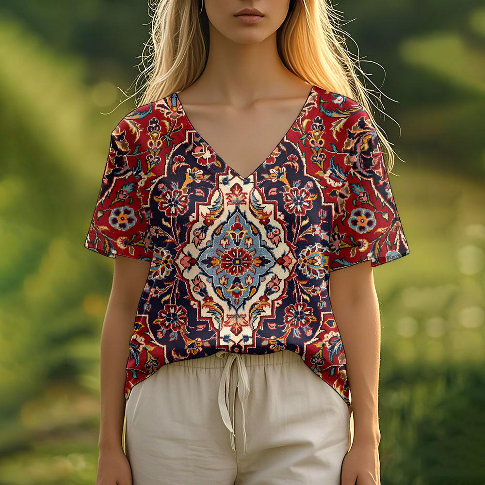 Women's T Shirt Summer Casual Short Sleeve V-Neck Tee Fashion Streetwear Ethnic Harajuku Female Oversized Clothing