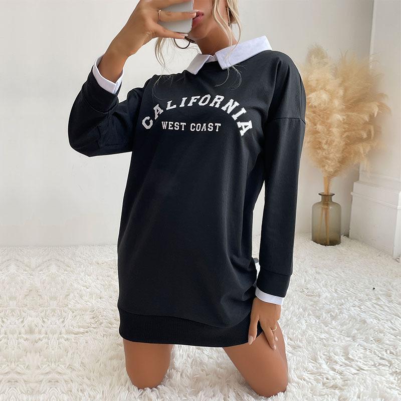 Lässiger Komfort und Vielseitigkeit Herbst Mehrfarbig Damen Langarm Revers Buchstaben Splicing Pulloverkleider