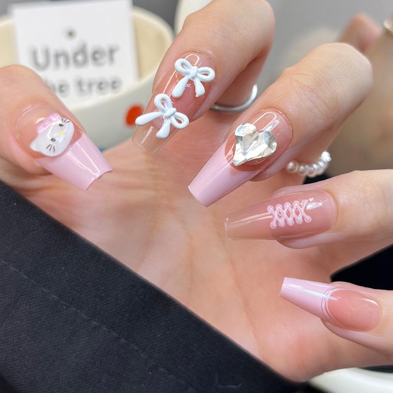 

High-End Cat Bow French Style Removable Nail Stickers - 30 Pcs Wearable Handmade False Nails Handmade Nails XS Size - 10 pcs/bag