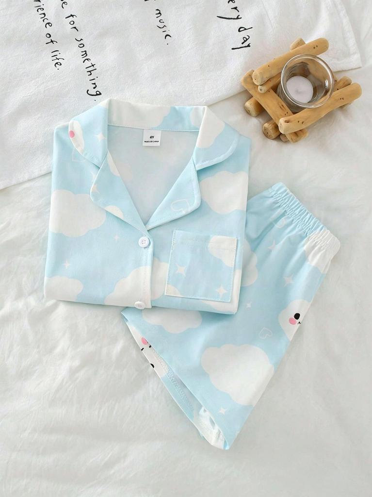 Girls Cloud Print Pajama Set, Soft Button-Down Short Sleeve Sleepwear, Cute Loungewear for 4-7 Years