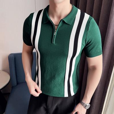 Light Mature British Style Color-Block Vertical Striped Short-Sleeve Knit Shirt Retro Trendy Men's Cool Loose Polo Shirt