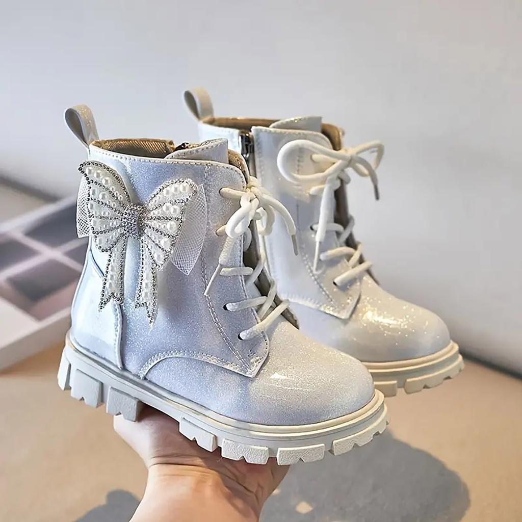 Girls Ankle Boots Black Glitter PU Waterproof Butterfly Pearls Chic Kids Fashion Princess Boots Children Tie Bow Platform Boots