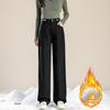 High-Waisted Black-Grey Fleece-Lined Wide-Leg Denim Pants for Women, Autumn/Winter 2025, Perfect for Junior High and High School Students