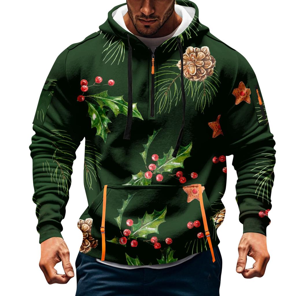 Sudadera deportiva casual de media cremallera con capucha y estampado navideño para hombre