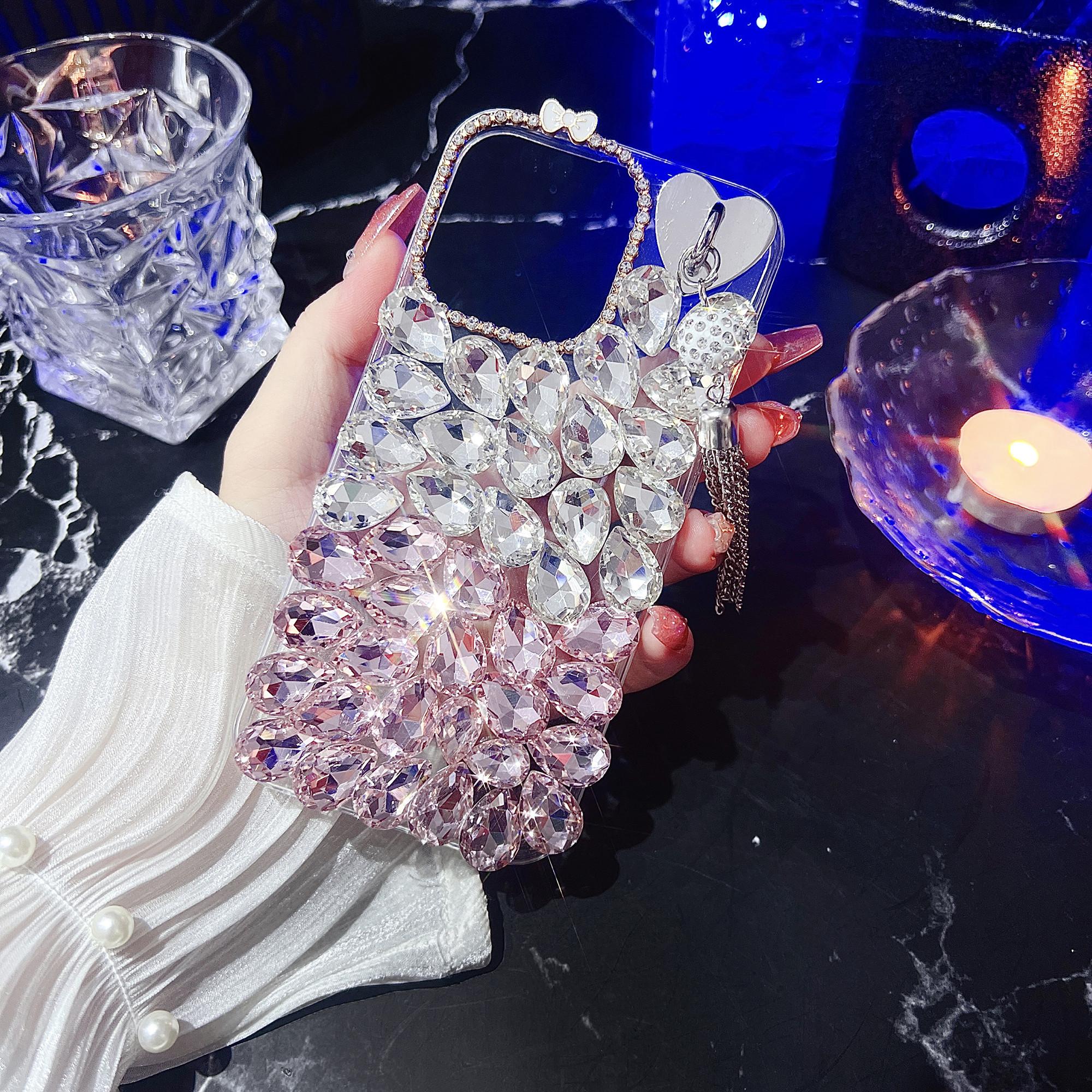 

For iPhone 16 Pro Max Case with Tassel Glass Rhinestone Decor TPU Phone Back Cover White