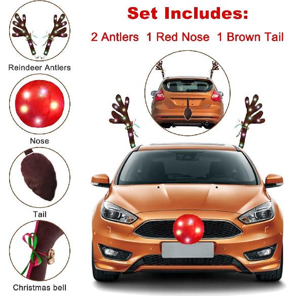 Reindeer Antlers For Cars – LED 2025 Christmas Car Decorations Kit With Jingle Bells, Nose, Tail, Multicolor Light-Up Rudolph Xmas Decor For SUV,