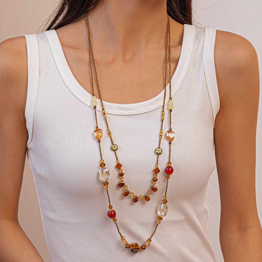 Geometric Beaded Ceramic Flower Boho Chain Long Necklace Hot Retro Necklace Women