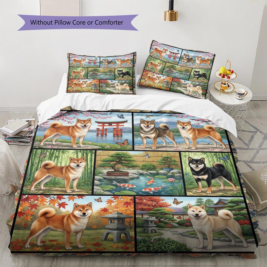 Cute Flower Puppy Pattern Bedding,Quilt Set Quilt Cover Pillowcase Home Birthday Gift (1 * Duvet Cover + 2 * Pillowcase, Without Core)