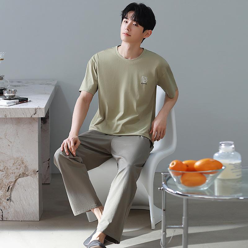 Blue Color Men's Cotton Pajamas Set for Summer Short Sleeves Sleeping Top Long Pant Nightwear Young Boy Home Clothes