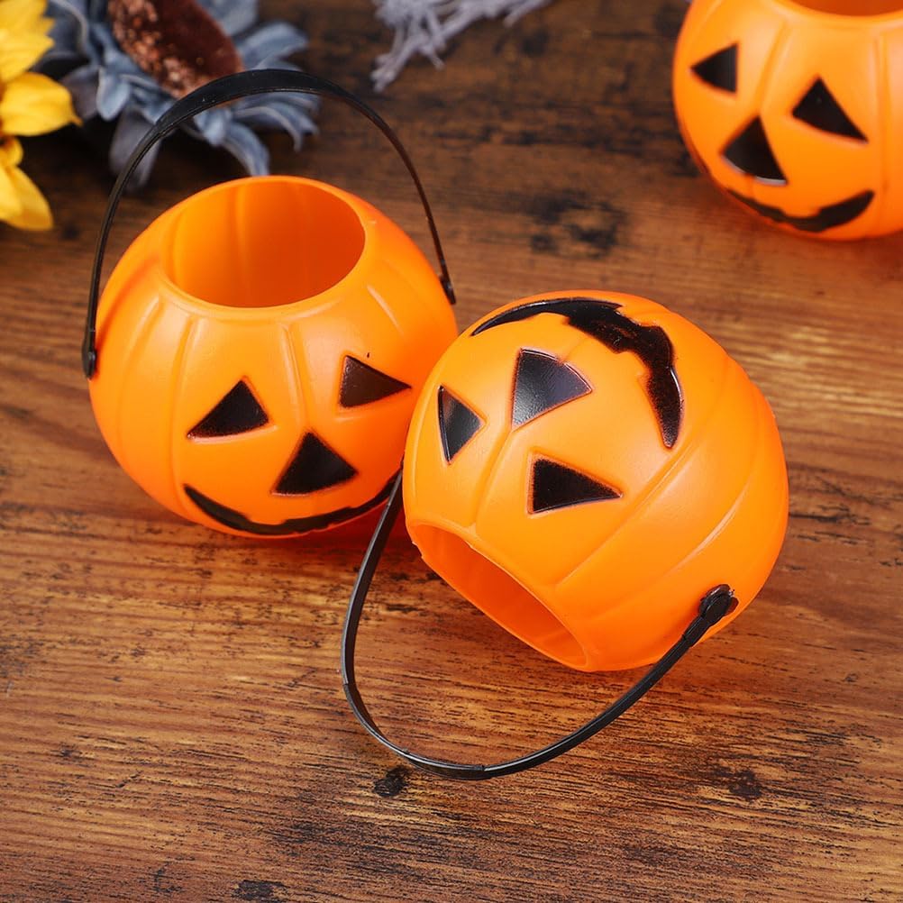 Vaguelly 15Pcs Halloween Pumpkin Bucket Trick or Treat Pumpkin Bucket with Handle Small Candy Holder Plastic Orange Jack O Lantern Candy Basket Bags