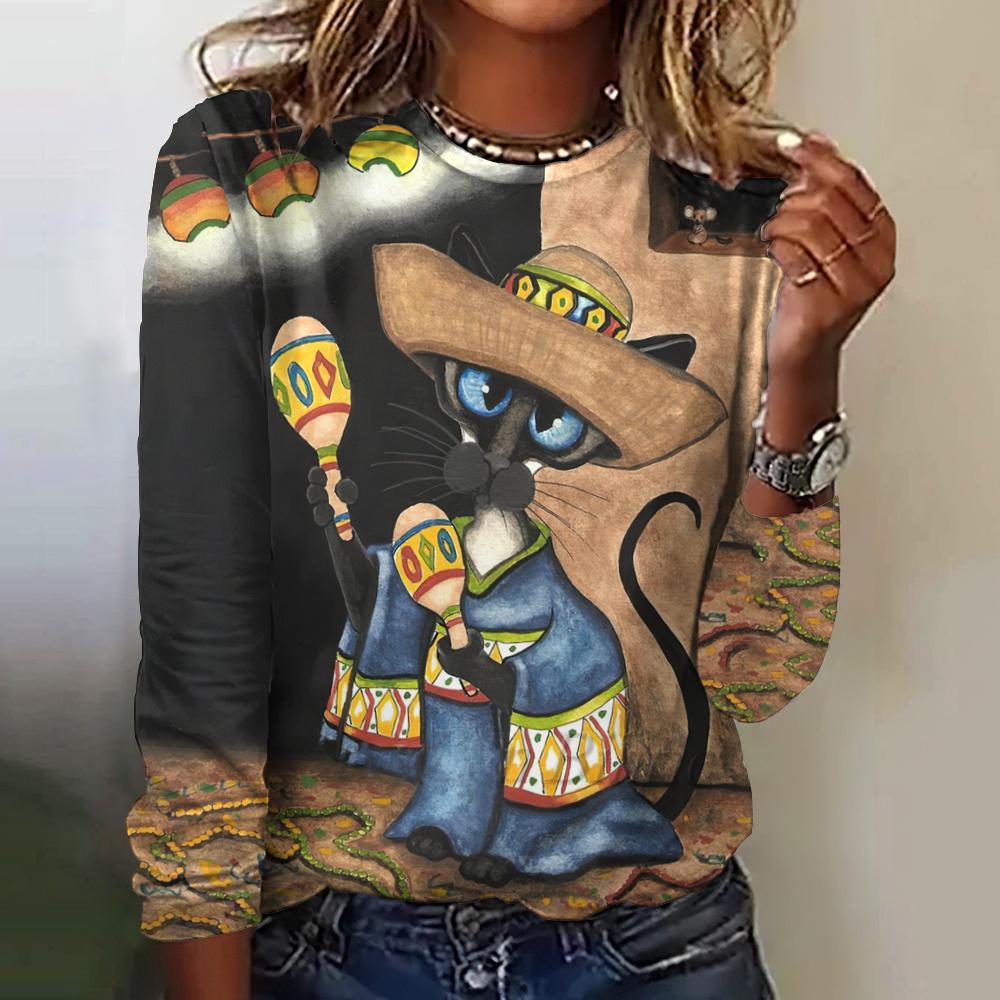 

Harajuku Animals Cat Женская осенняя одежда с длинными рукавами в стиле ретро, футболка с круглым вырезом, свободный топ, свитер 2024 года, новинка Streetwe 6XL