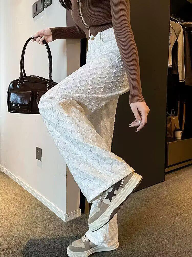 

Women s High Waist White Denim Wide Leg Pants - Spring Woven Texture, Slim Straight, Floor-Length, Casual Fit S белый