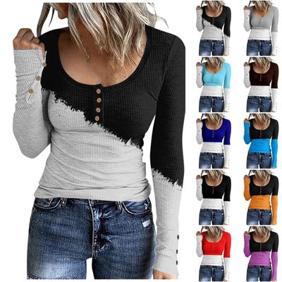 Women's T-shirt Fashion Casual Colour Blocking Button Long Sleeve Top