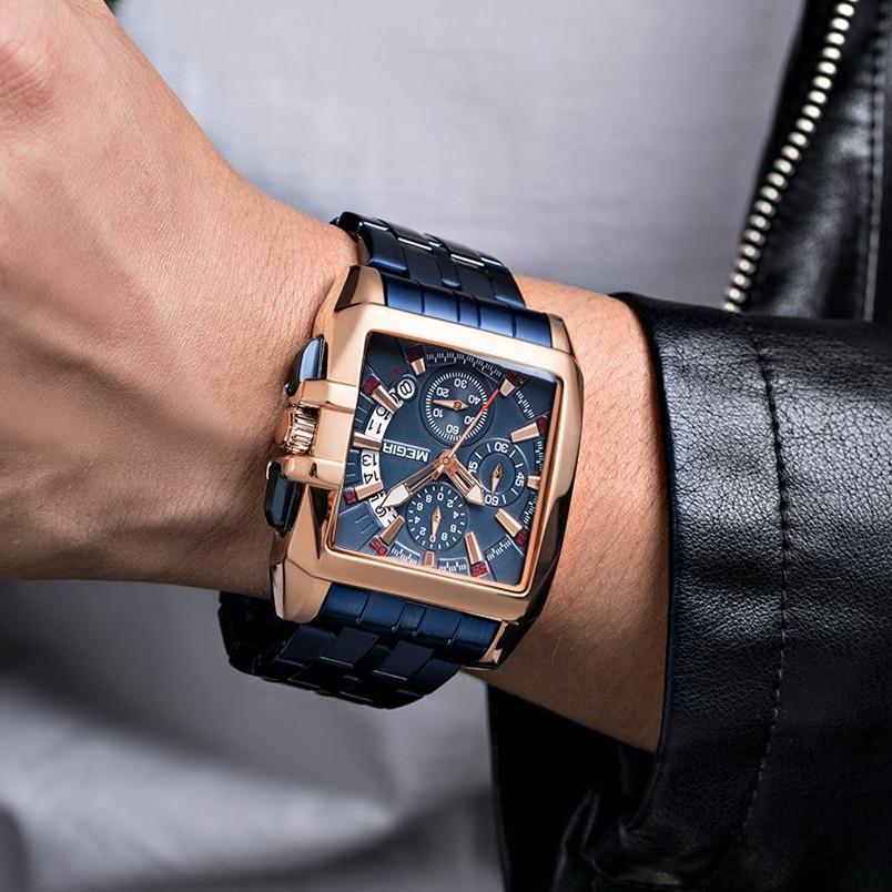 Megir Blau Edelstahl Männer Uhr Rechteck Große Zifferblatt Business Quarz männer Armbanduhren Relogio Masculino Militär Uhr Mann