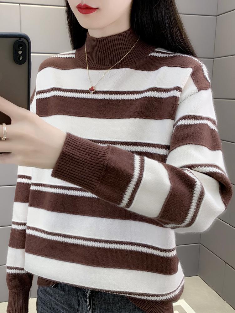 Women's Stylish Striped Loose Sweater - Thickened Half-High Collar Base Layer for Autumn/Winter