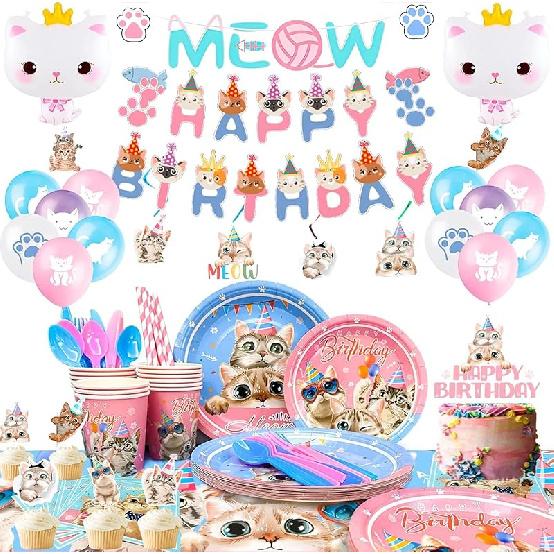 Cat Birthday Party Supplies,178pcs Cat Party Decorations&Tableware Set-Kitten Birthday Party Decorations Balloons Banner&Cat Party Plates Cups Girl Birthday Party