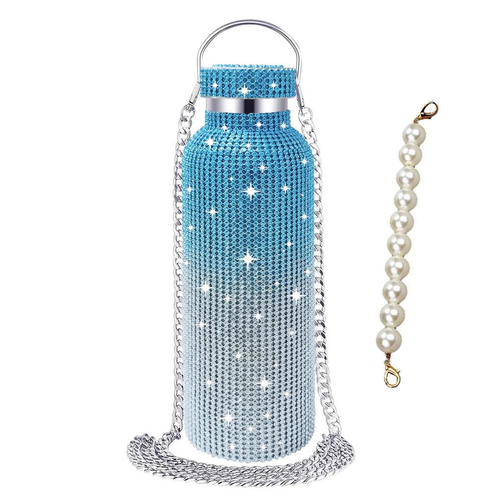 500/600/750/1000ml Diamond Thermos Bottle With 2pcs Chain Portable Rhinestone Water Bottle Stainless Steel Thermal Vacuum Flask