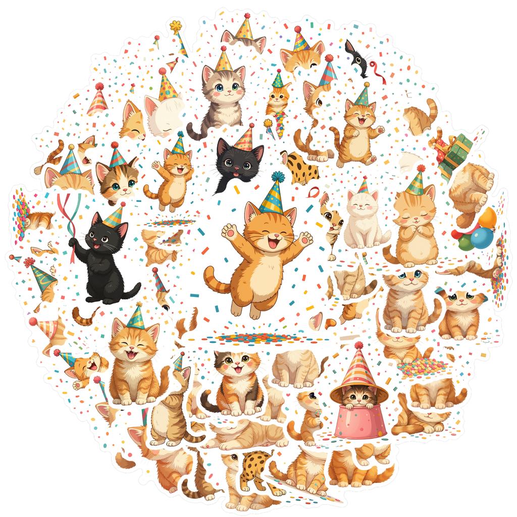 35-70pcs Adorable Birthday Cat Stickers With Party Elements Meme Graffiti Sticker Phone Guitar Laptop Notebook Waterproof Decals