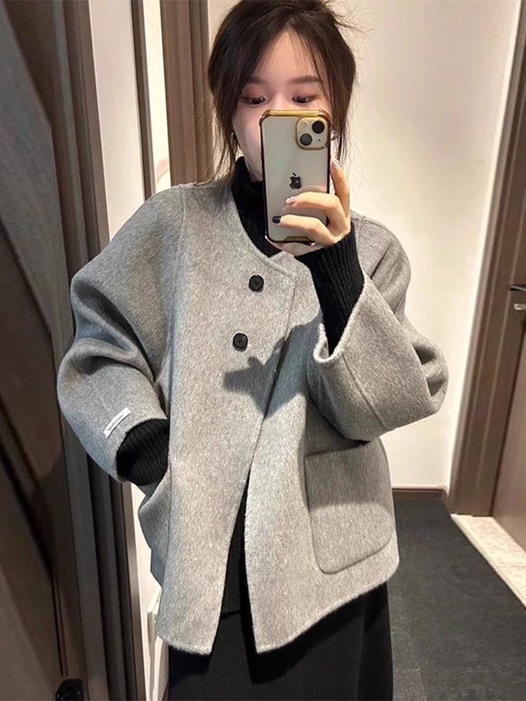 Plus Size Women's Grey Wool Overcoat - Korean Style Petite High-End Autumn/Winter Short Coat
