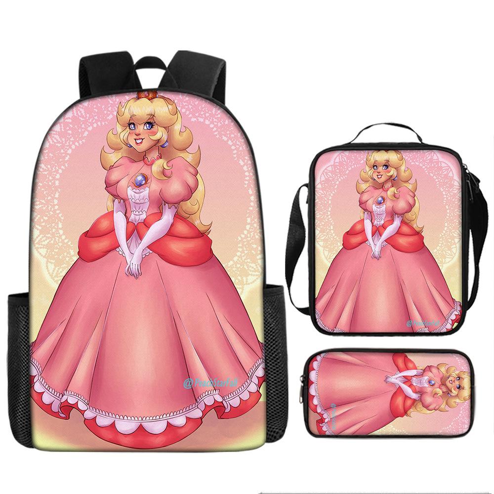 Sada batohů s kresleným motivem Super Maria, Školní taška princezny Peach, 3dílná, polyesterová, Batoh s herním motivem