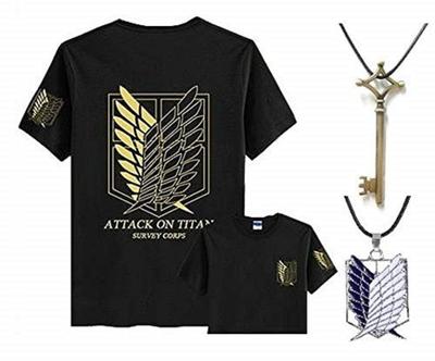 Amor e Attack on Titan Shirt Basement Key Necklace Set Costume Survey Corps Wings of Freedom [Entregando paz] + + 3 peças (XL, Dourado)