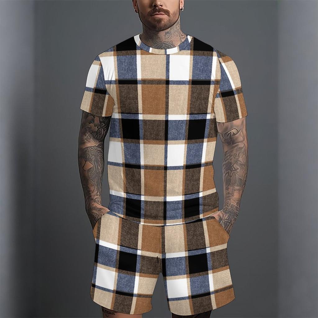 Men Black Gold Swirl Texture Split Print Short Sleeve Tee And Matching Shorts Two Piece Suit