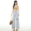 Spring Summer All Star Rhinestone Lace Ripped Narrow Straight Wide Leg Lyocell Tencel Soft Floor Denim Pants Ladies Casual Oversize Denim Trousers