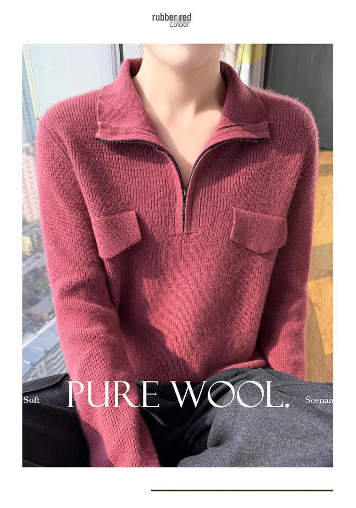 Women's Pure Wool Rib Knit Half Zip Sweater - Autumn/Winter Collection