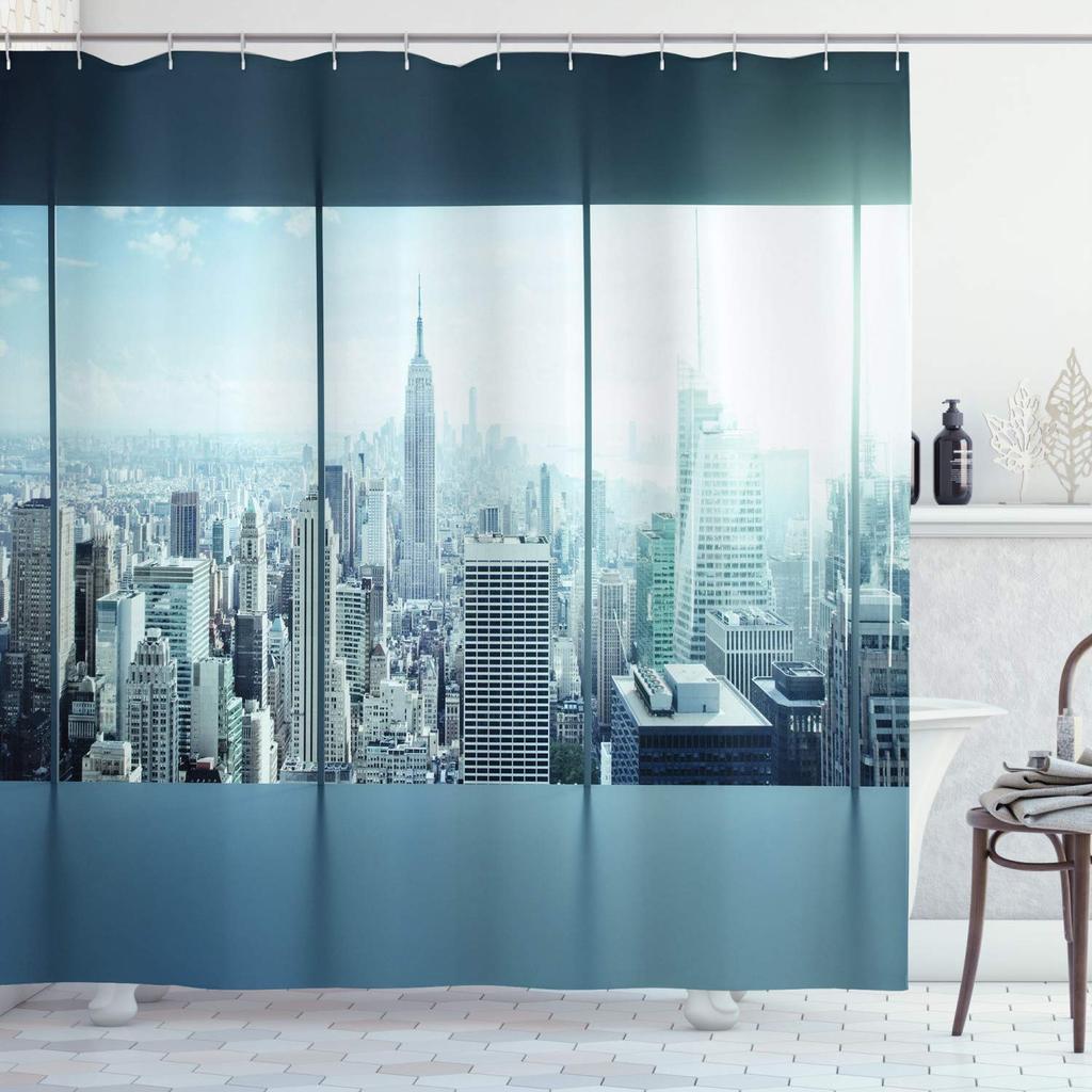 Cityscape Shower Curtain, Modern Skyscraper Skyline Famous Building Bathroom Curtain Waterproof Fabric Shower Curtain With Hooks