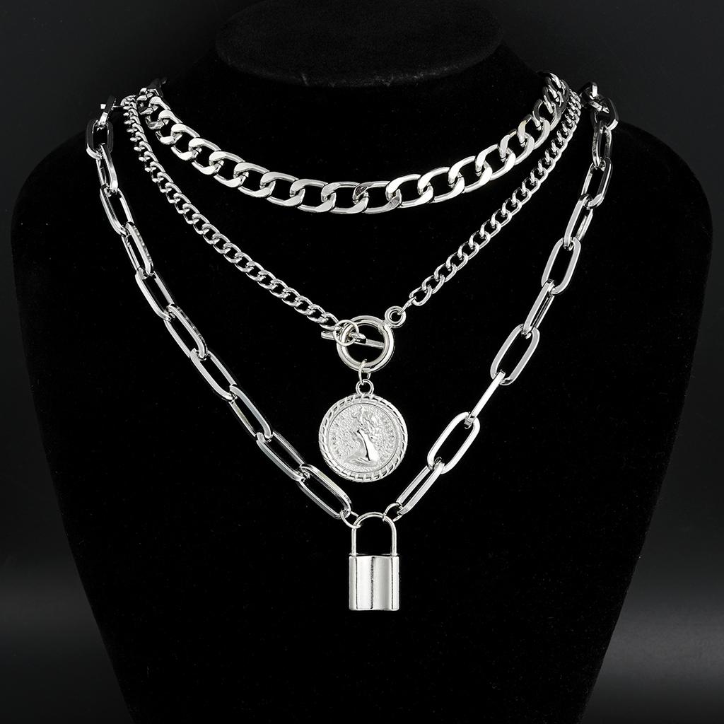 3Pcs/Set Vintage Coin Lock Pendant Necklace For Women Men Elegant Gold Silver Color Unisex Necklace Sets Fashion Hip Hop Jewelry