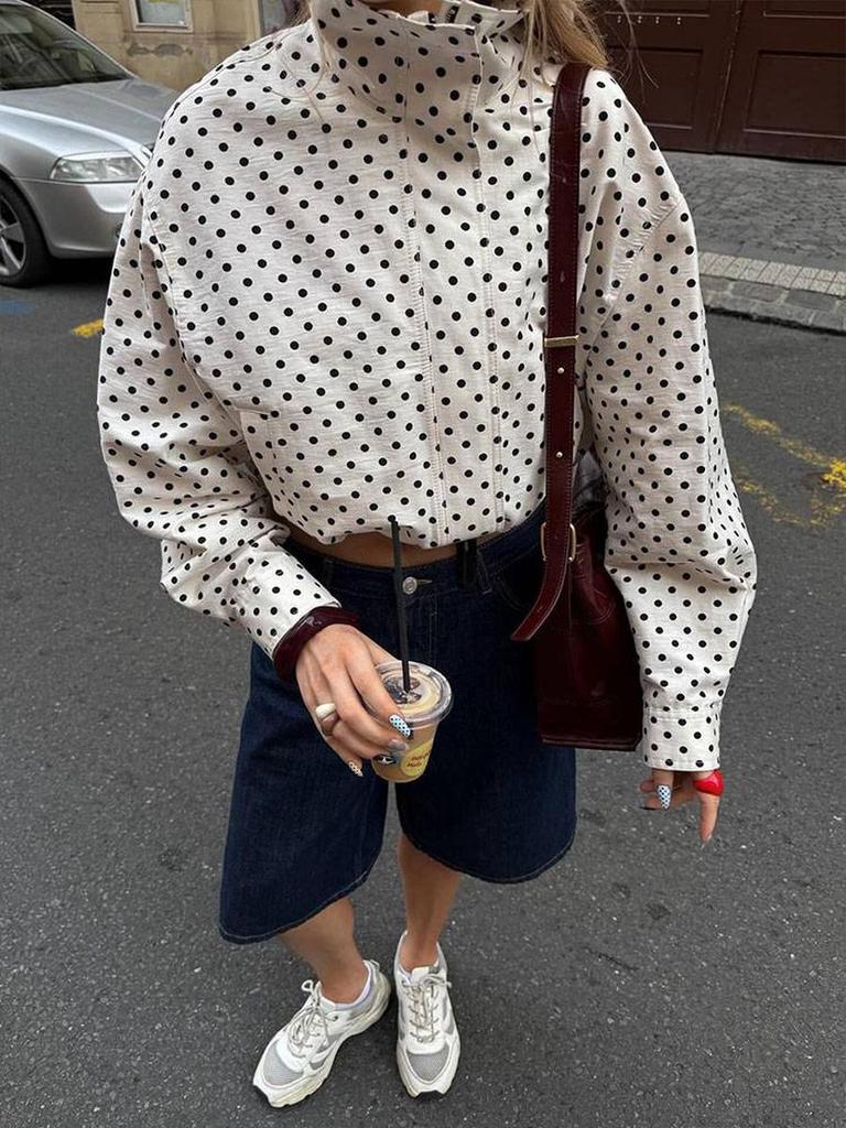 Women's New Spring Summer Polka Dot Long Sleeve Jacket Set with Shorts