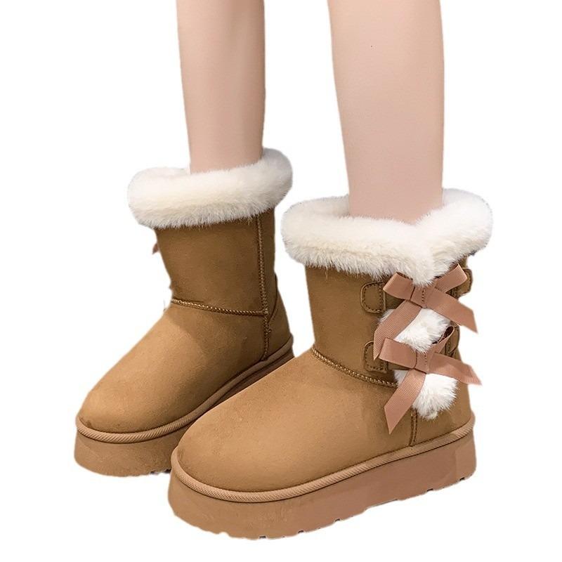 Large size snow boots women's autumn and winter new wind bow thick sole heightening piled thickened short boots cotton boots