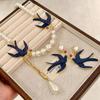 Beads Blue Enamel Swallow Necklace Bird Women's Jewelry Set Luxury Geometric Earrings  Evening