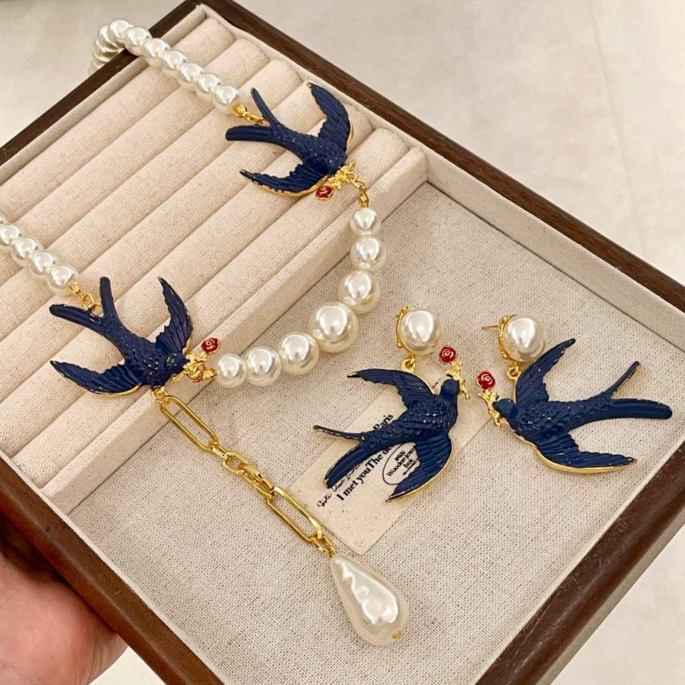 Beads Blue Enamel Swallow Necklace Bird Women's Jewelry Set Luxury Geometric Earrings Evening