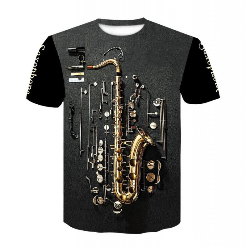 Summer Round Neck 3D Musical Instrument Print Top Fashionable Casual Short Sleeved Men's T-shirts