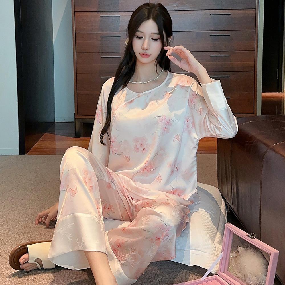 New Chinese style silk pajamas women's spring and autumn summer seven-quarter sleeve trousers two-piece set of satin high-end loungewear