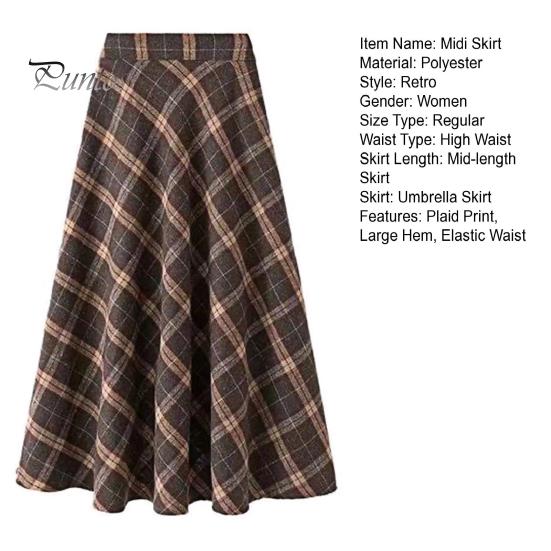 Women Midi Skirt Elastic High Waist Plaid Print Skater Skirt A-Line Large Hem Casual Skirt Commuting Streetwear
