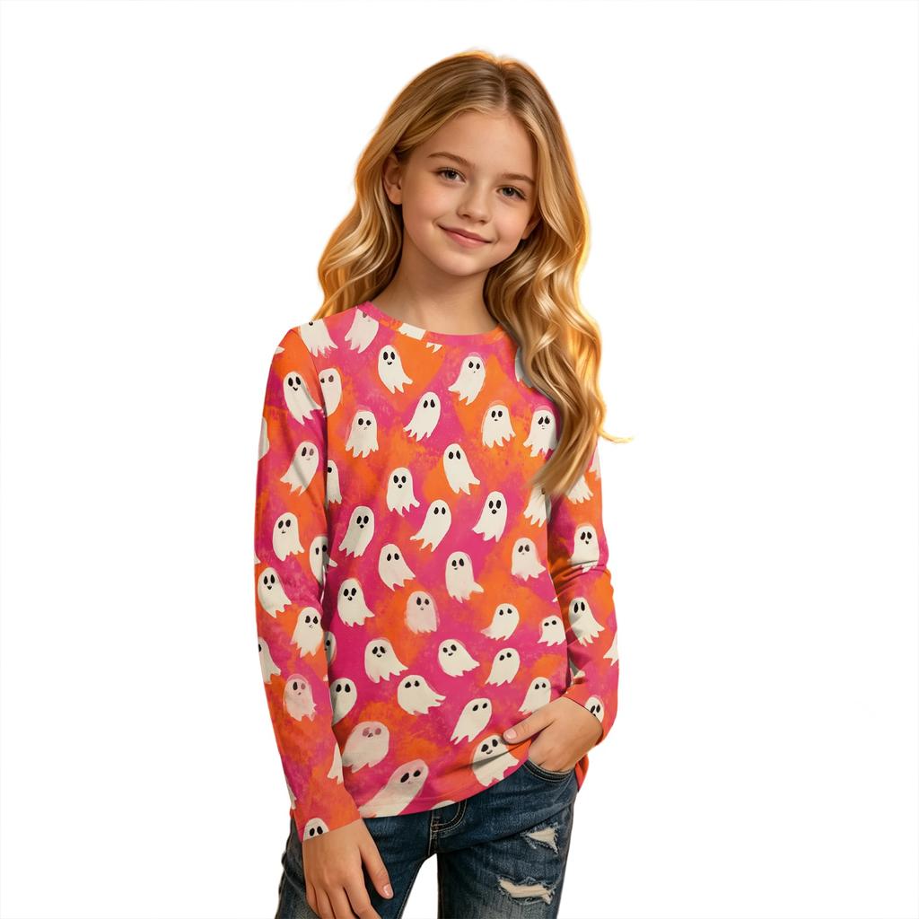 Kids Long Sleeve T-Shirt with Halloween Print, Round Neck, for Boys and Girls