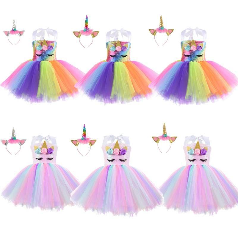 Unicorn Cosplay Girls Dress With Rainbow Pattern For Halloween Party