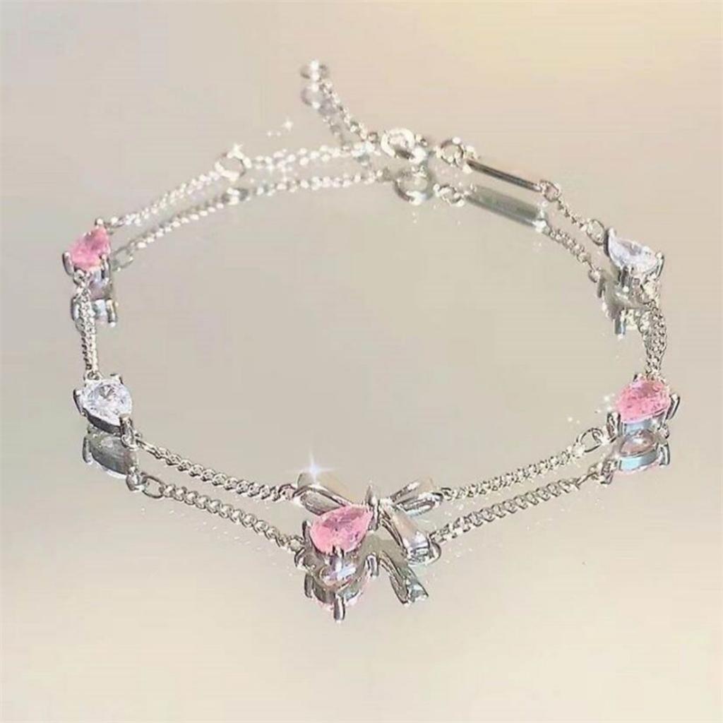 Elegant Light Luxury Pink Zircon Cherry Blossom Flower Chain Bracelet Bowknot Star Moon Blue Wave Bangle For Women Men Jewelry