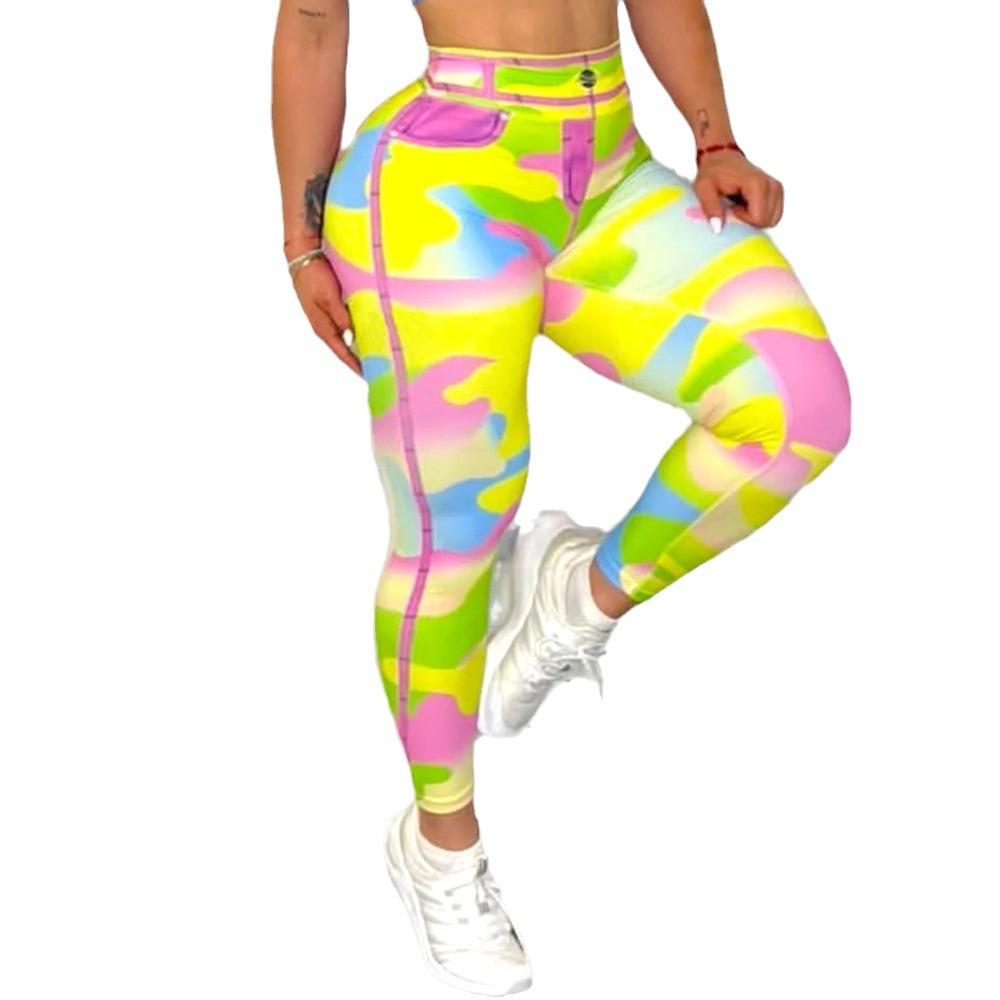 Fashion Slimming Hip Lifting Yellow Camouflage Print Yoga Pants Bottom Pants High Waisted Tummy Tuck Fitness Pants Women