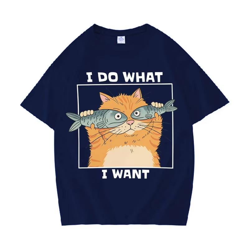 Funny Cat Holding Fish I Do What I Want Print Unisexs Cotton Teenagers Short Sleeve Top 2026 Summer Daily Street Casual Tee