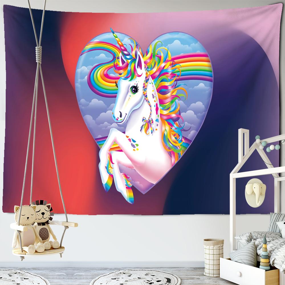Renkli Karikatür Unicorn Goblen Duvar Askısı Kawaii Hippie Tapiz Kız Yurdu Estetik Odası Ev Dekoru