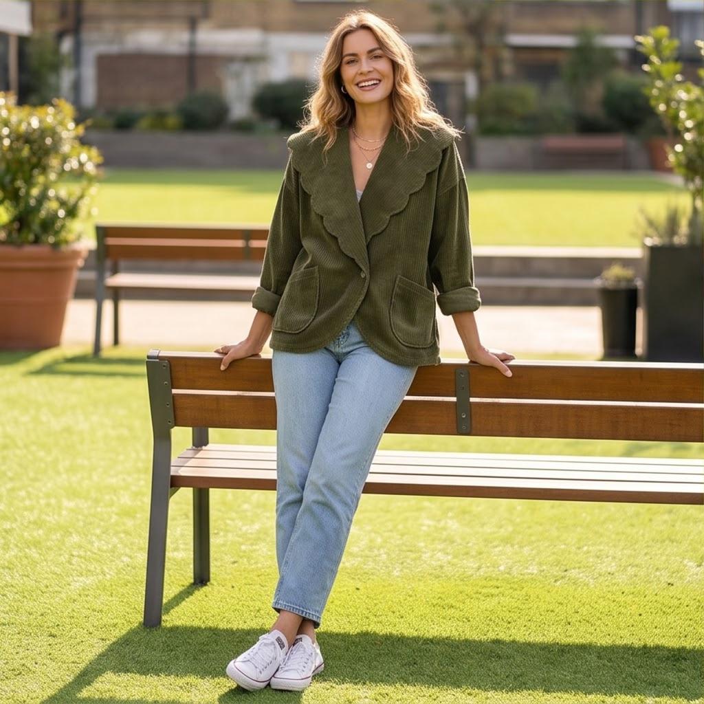 Cardigan da Donna in Velluto a Coste Giacca Larga con Collo Ondulato e Tasche per Autunno Inverno Abbigliamento Casual