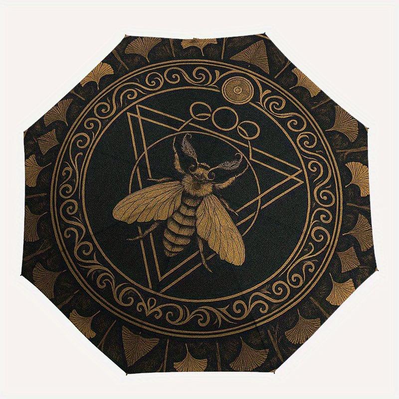 Golden Bee Symbol Circular Rug - Decorative Spiritual Design Umbrella, Portable 3-Fold Compact Umbrella for Men & Women R143