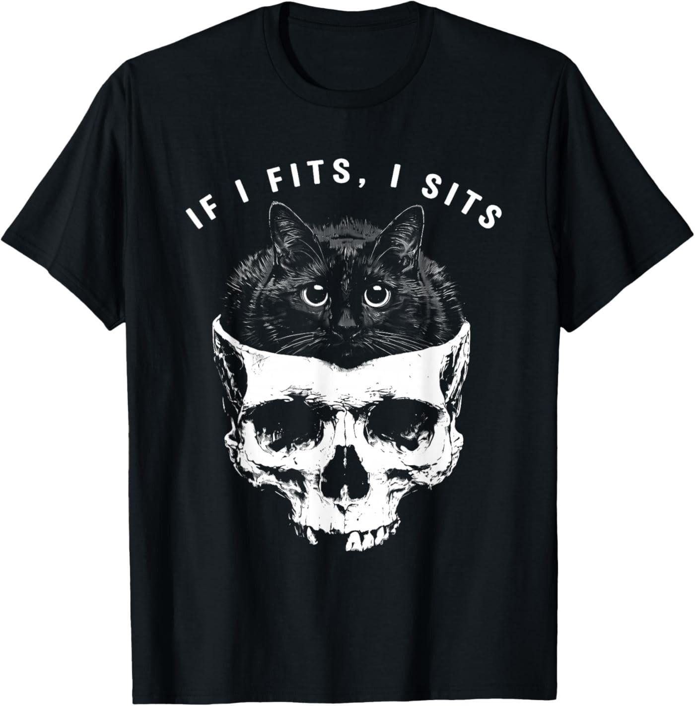 If I Fits I Sits Black Cat Skull Gothic Dark Humor T-Shirt M