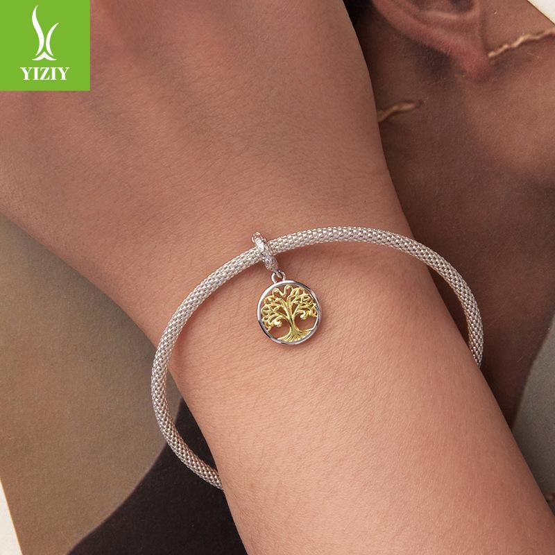 Colgante Árbol de la Vida de Plata de Ley S925 Chapado en Oro de 14K Accesorios Nicho Pulsera Retro de la Suerte con Cuentas